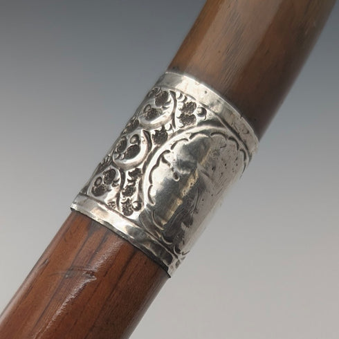 1919 British antique brown shaft dog head handle pure silver decorated walking stick 87cm Jonathan Howell