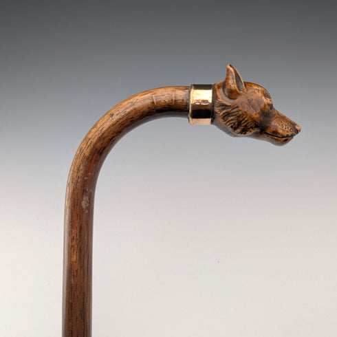 Vintage Tan Shaft Resin Dog Head Handle Gold Decorated Cane 90cm