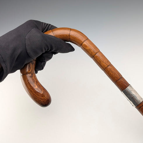 Circa 1921 British antique brown shaft, curved handle, pure silver decoration, walking stick, 88cm