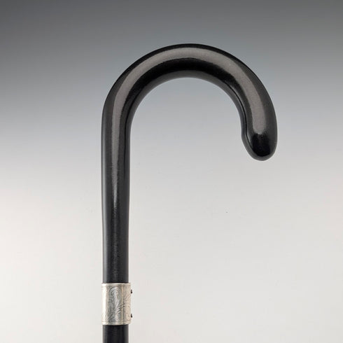 1920-30年代 英国ヴィンテージ ブラックシャフト 曲がりハンドル 純銀装飾 ステッキ 杖 78cm