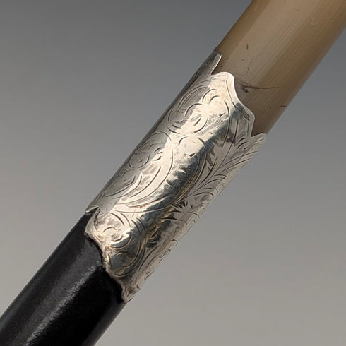 1920年 英国アンティーク ブラックシャフト ホーン曲がりハンドル 純銀装飾 ステッキ 杖 88cm