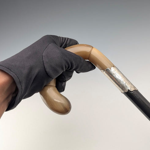 1920年 英国アンティーク ブラックシャフト ホーン曲がりハンドル 純銀装飾 ステッキ 杖 88cm