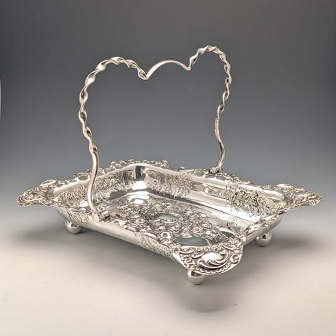 英国アンティーク 後期ビクトリアン シルバープレート製 可動ハンドルバスケット