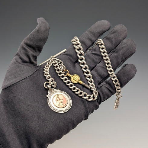 1895年 英国アンティーク 純銀製アルバートチェーン 64g 純銀サッカーメダルフォブ