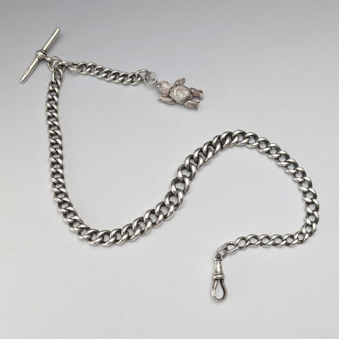 Circa 1910 British Antique Sterling Silver Extra Thick Albert Chain, 62g, Teddy Bear Fob
