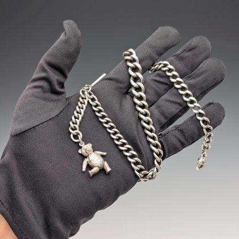 Circa 1910 British Antique Sterling Silver Extra Thick Albert Chain, 62g, Teddy Bear Fob