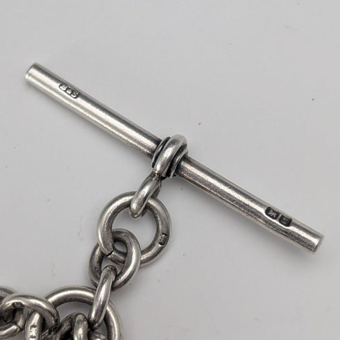 1923 年英國古董純銀雙阿爾伯特鍊,56 克,1 弗羅林硬幣錶鍊,Britton & Sons