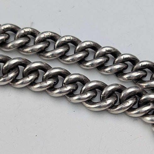 1923 年英國古董純銀雙阿爾伯特鍊,56 克,1 弗羅林硬幣錶鍊,Britton & Sons