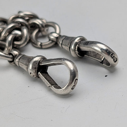 1923 年英國古董純銀雙阿爾伯特鍊,56 克,1 弗羅林硬幣錶鍊,Britton & Sons