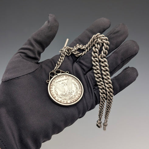 1921 年英國古董純銀摩根銀元錶鍊,搭配超厚雙阿爾伯特鏈,95 克,亨利波普