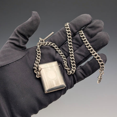 1920年英國古董純銀阿爾伯特鏈,52克,配純銀維斯塔鏈盒