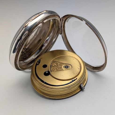 1881年 英国アンティーク John Cowgill 純銀ケース 鍵巻き 懐中時計 直径53mm 動作良好