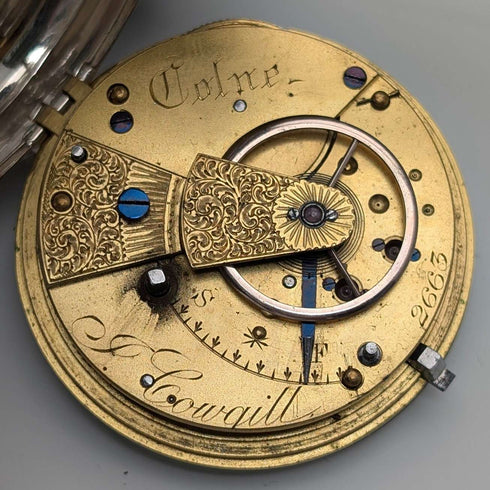 1881 British antique John Cowgill sterling silver pocket watch with key winding mechanism, 53mm diameter, in good working order