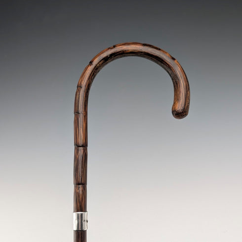 1908 British Antique Brown Shaft, Curved Handle, Pure Silver Decorated Lightweight Walking Stick, 80cm