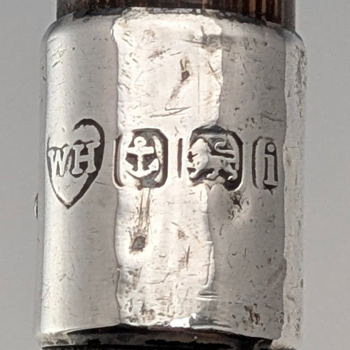 1908 British Antique Brown Shaft, Curved Handle, Pure Silver Decorated Lightweight Walking Stick, 80cm