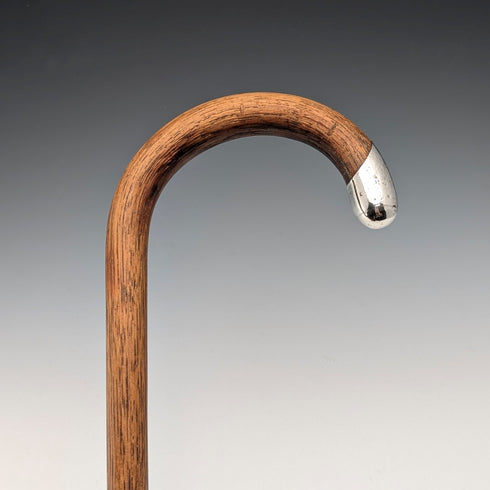 1919 British Antique Brown Shaft, Curved Handle, Pure Silver Decorated Lightweight Walking Stick, 82cm