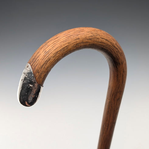 1919 British Antique Brown Shaft, Curved Handle, Pure Silver Decorated Lightweight Walking Stick, 82cm
