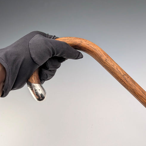 1919 British Antique Brown Shaft, Curved Handle, Pure Silver Decorated Lightweight Walking Stick, 82cm