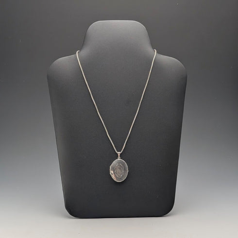 British Vintage Sterling Silver Oval Locket Pendant with Sterling Silver Necklace, 19g Total, DJ