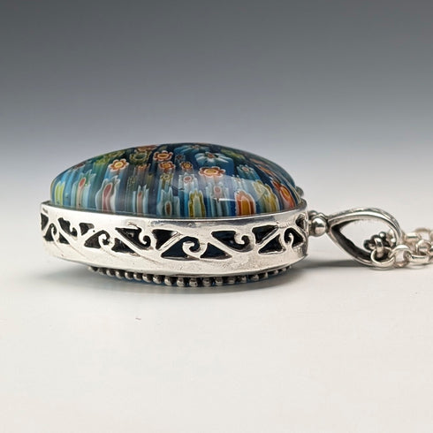 復古千花玻璃和純銀吊墜和純銀紅豆鏈項鍊,共 80 克