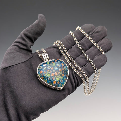 復古千花玻璃和純銀吊墜和純銀紅豆鏈項鍊,共 80 克