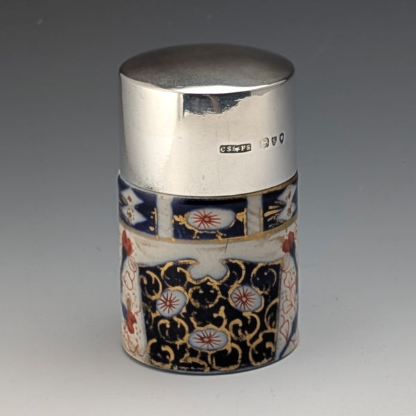 1893 British Antique Silver Lid Imari Pattern Ceramic Bottle Jar by Saunders & Shepherd