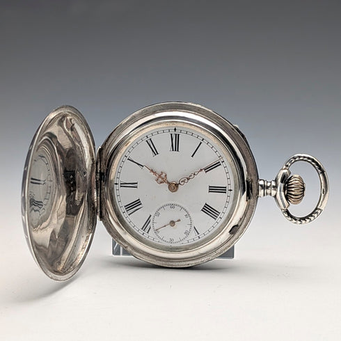 米国アンティーク 無銘 懐中時計 銀側ニエロ装飾 ハンターケース 動作良好