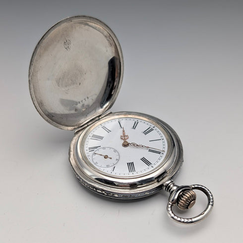 米国アンティーク 無銘 懐中時計 銀側ニエロ装飾 ハンターケース 動作良好