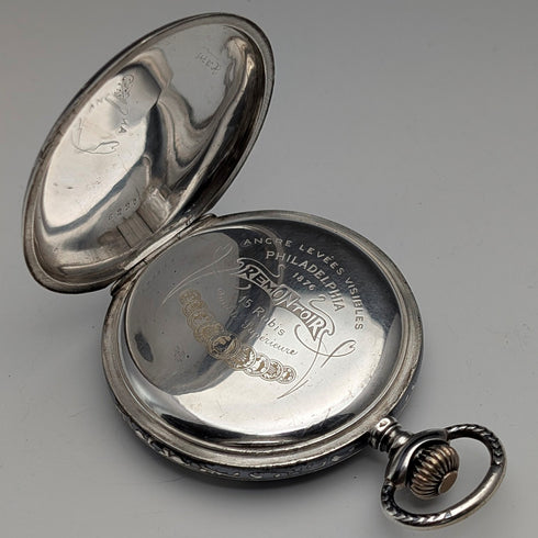 米国アンティーク 無銘 懐中時計 銀側ニエロ装飾 ハンターケース 動作良好