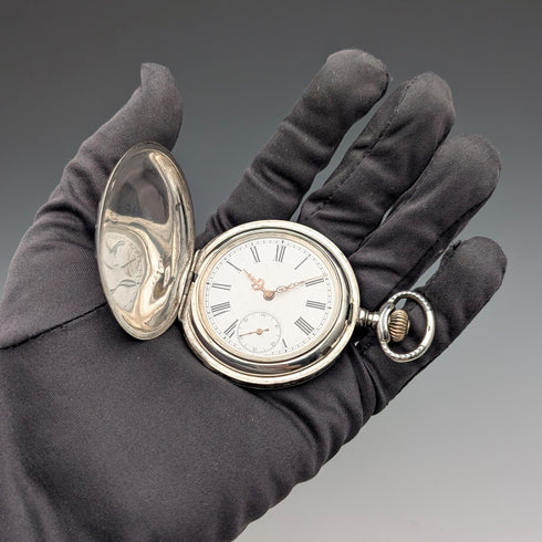 米国アンティーク 無銘 懐中時計 銀側ニエロ装飾 ハンターケース 動作良好