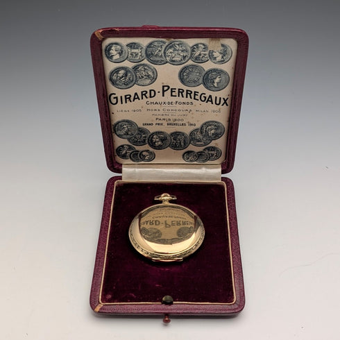 Girard-Perregaux pocket watch, circa 1930, 18K gold, hunter case, good working condition, with leather box.