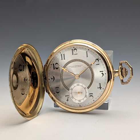 Girard-Perregaux pocket watch, circa 1930, 18K gold, hunter case, good working condition, with leather box.