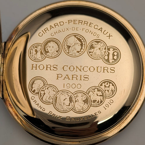 Girard-Perregaux pocket watch, circa 1930, 18K gold, hunter case, good working condition, with leather box.