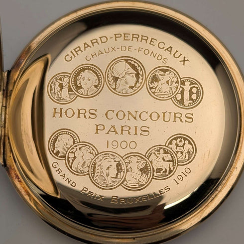 Girard-Perregaux pocket watch, circa 1930, 18K gold, hunter case, good working condition, with leather box.