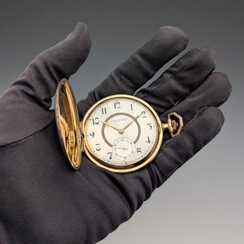 Girard-Perregaux pocket watch, circa 1930, 18K gold, hunter case, good working condition, with leather box.