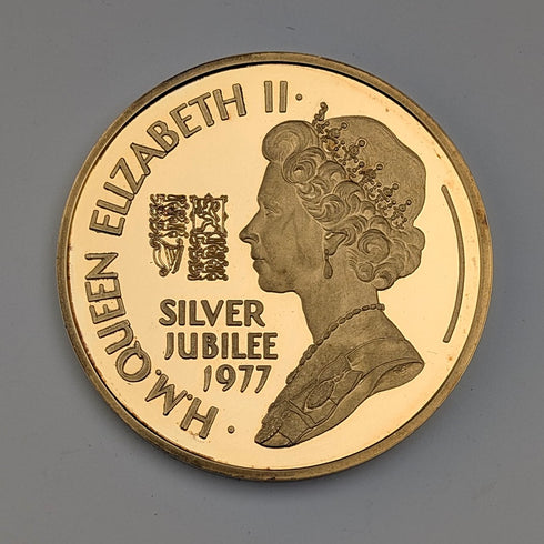 1977年 英国エリザベス2世女王 シルバージュビリー 純銀&金メッキメダル Birmingham&Mint ケーツ付