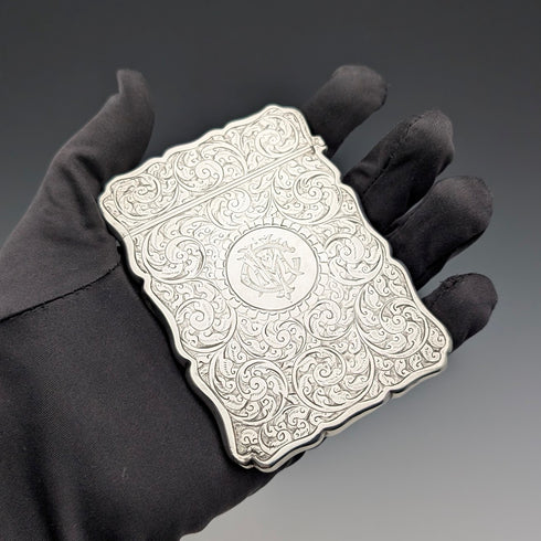 1900年 英国アンティーク スクロール彫刻 純銀製カードケース 71g George Unite
