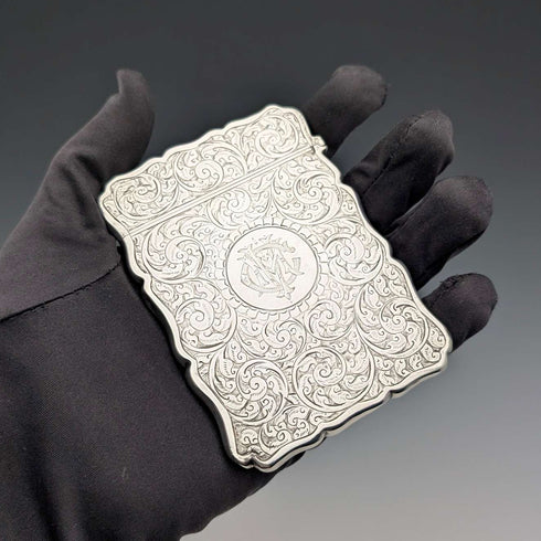 1900 British Antique Scroll Engraved Sterling Silver Card Case, 71g, George Unite