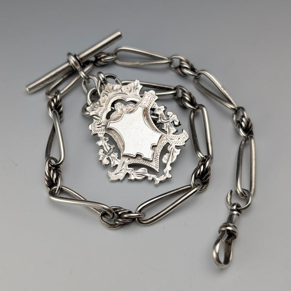 1894年頃 英国アンティーク ファンシーリンク 純銀製アルバートチェーン 44g  純銀メダルフォブ