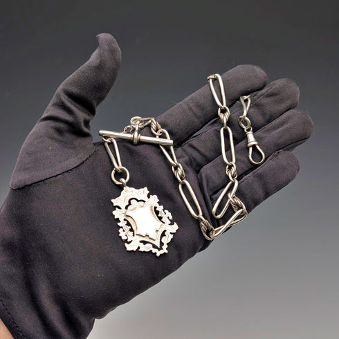 1894年頃 英国アンティーク ファンシーリンク 純銀製アルバートチェーン 44g 純銀メダルフォブ