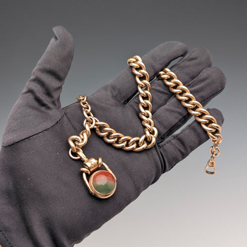 古董英國軋金阿爾伯特鏈,配有雙色旋轉錶鍊和天然寶石。