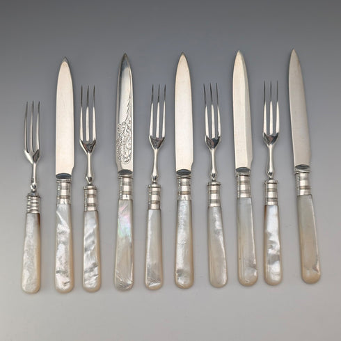 Late 19th Century British Antique Mother-of-Pearl Handle Tea Cutlery (5 Pairs) by Christopher Johnson