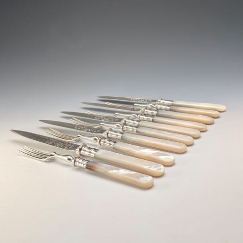 Late 19th Century British Antique Mother-of-Pearl Handle Tea Cutlery (5 Pairs) by Christopher Johnson