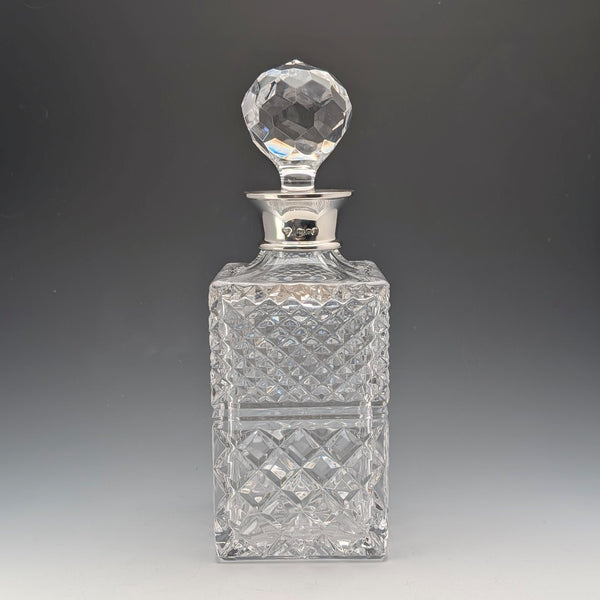 1983 British Vintage Cut Glass Square Decanter with Sterling Silver Decoration, Garrard & Co.