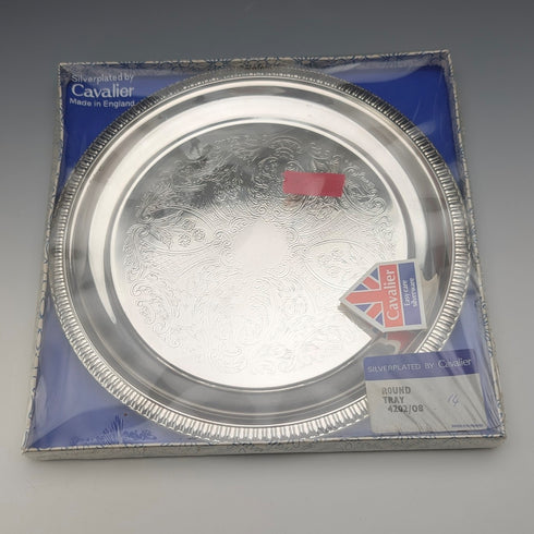 Vintage British silver-plated round tray, 21cm diameter, Cavalier, unopened