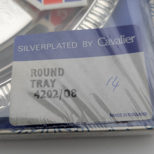 Vintage British silver-plated round tray, 21cm diameter, Cavalier, unopened