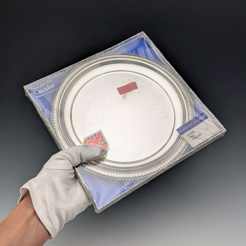 Vintage British silver-plated round tray, 21cm diameter, Cavalier, unopened