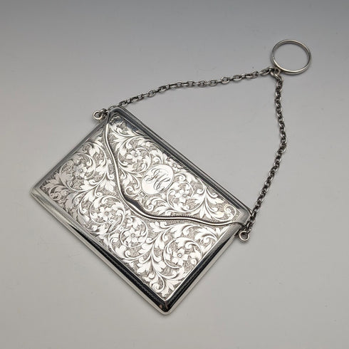 1907 British Antique Sterling Silver Card Case with Chain, 89g, Colen Hewer, Cheshire