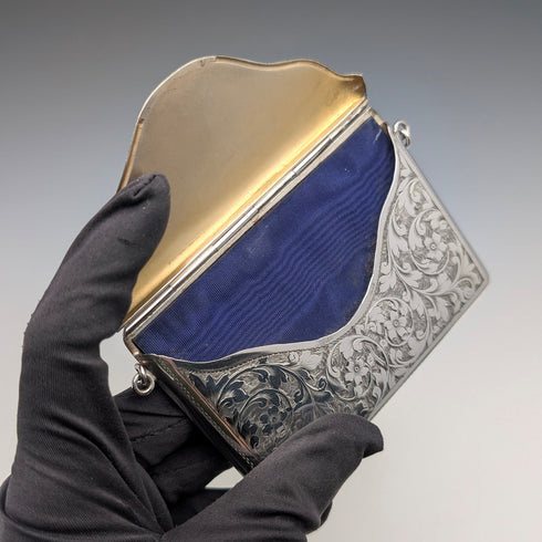 1907 British Antique Sterling Silver Card Case with Chain, 89g, Colen Hewer, Cheshire