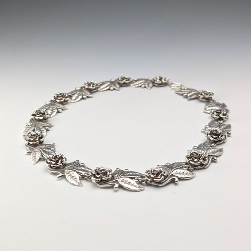 Vintage Sterling Silver Rose Flower Chain Necklace, 43cm, 65g